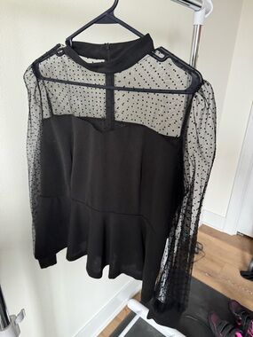 Womens black peplum blouse sheer mesh sleeves and a high neckline size XXL